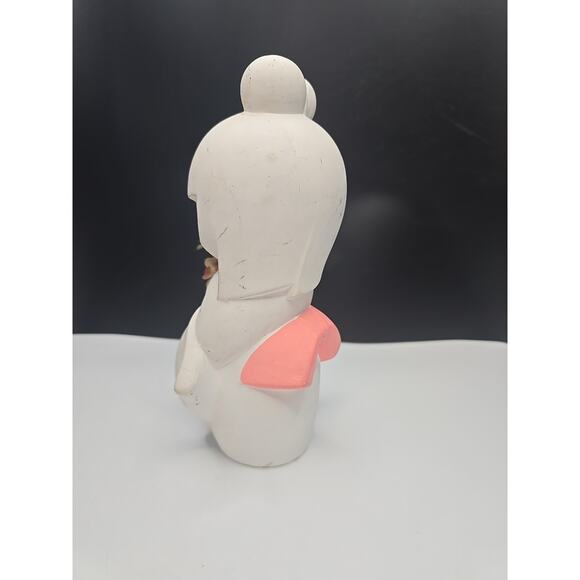 Kokeshi Doll, ceramic girl with pink flowers 7" tall - Picture 2 of 4